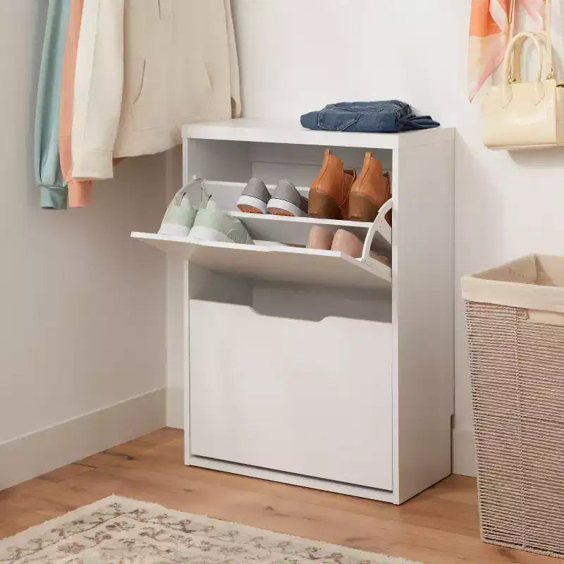 Meuble à chaussures ouvert Pivot – Stratifié bois blanc, 12 paires, autoportant