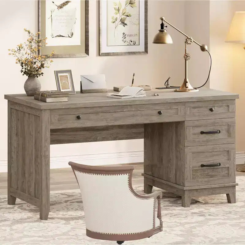 53,5'' Bureau de direction de ferme avec station de recharge, bureau d'ordinateur en bois avec tiroirs et classeur pour bureau à domicile