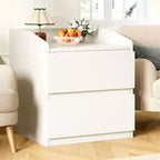 Table de chevet blanche moderne avec 2 tiroirs, design incurvé et sans poignée pour salon ou chambre à coucher