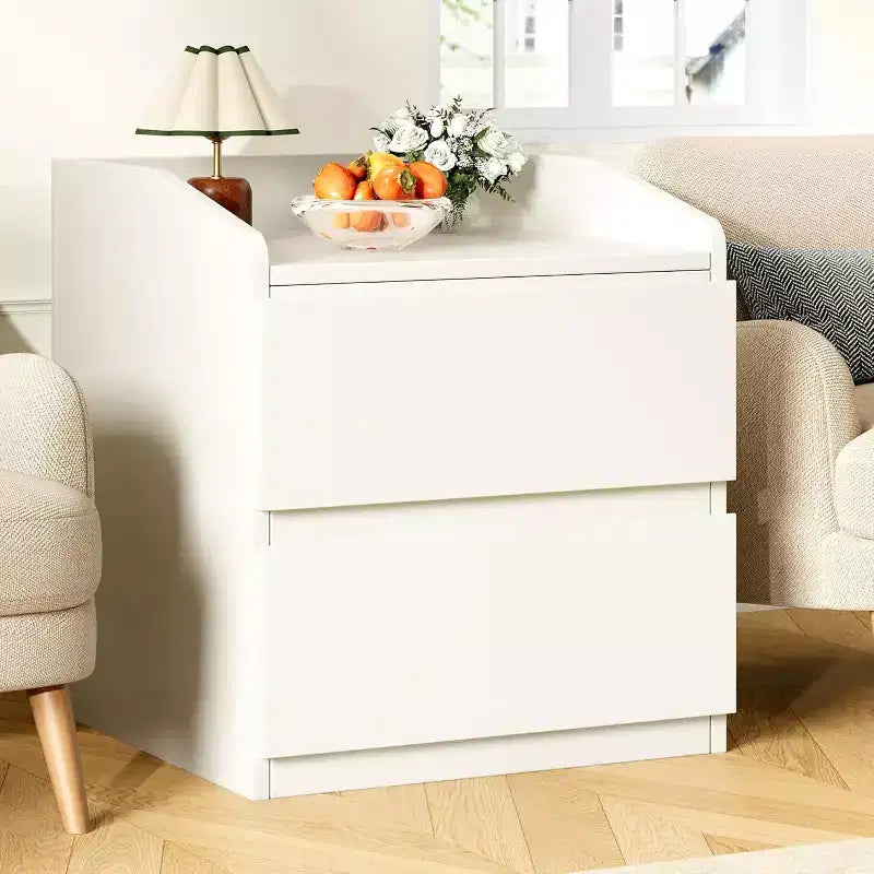 Table de chevet blanche moderne avec 2 tiroirs, design incurvé et sans poignée pour salon ou chambre à coucher