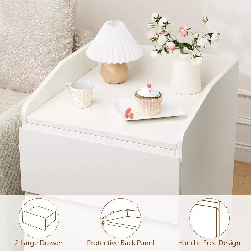 Table de chevet blanche moderne avec 2 tiroirs, design incurvé et sans poignée pour salon ou chambre à coucher