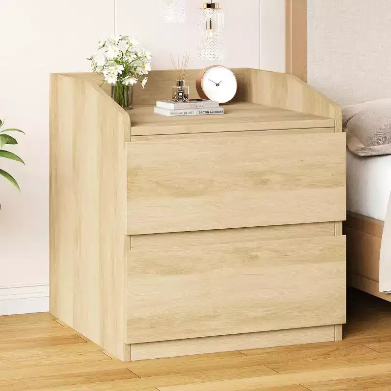 Table de chevet blanche moderne avec 2 tiroirs, design incurvé et sans poignée pour salon ou chambre à coucher
