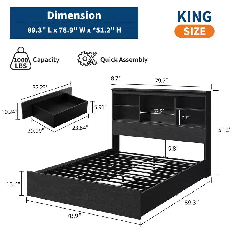Cadre de lit avec tête de lit bibliothèque, 4 tiroirs et station de recharge intégrée – Pas besoin de sommier tapissier