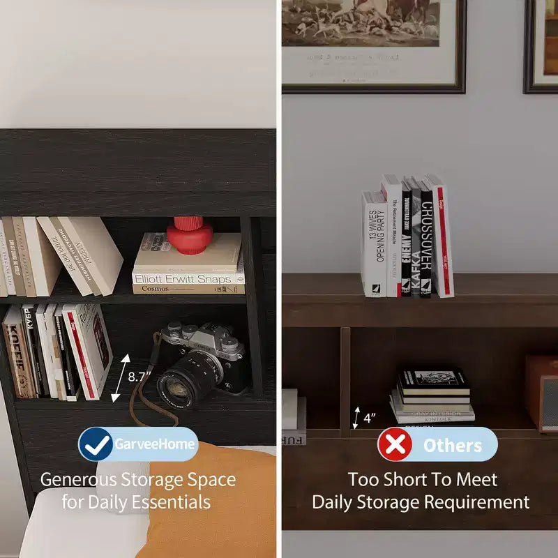 Cadre de lit avec tête de lit bibliothèque, 4 tiroirs et station de recharge intégrée – Pas besoin de sommier tapissier