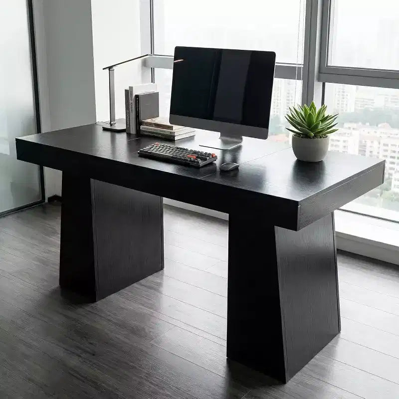 Bureau de direction moderne du milieu du siècle, 55 po, en bois avec double base trapézoïdale, poste de travail de bureau à domicile, mobilier professionnel, noir