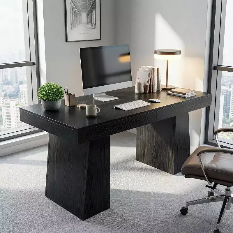 Bureau de direction moderne du milieu du siècle, 55 po, en bois avec double base trapézoïdale, poste de travail de bureau à domicile, mobilier professionnel, noir