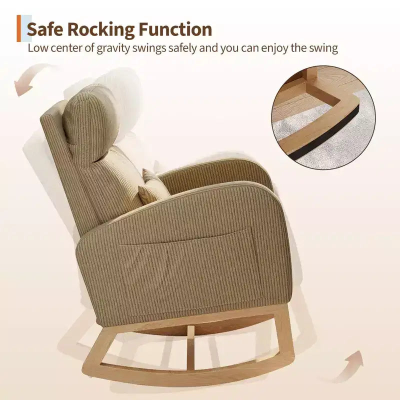 Fauteuil à bascule moderne pour chambre de bébé avec poches latérales et oreiller – Ergonomique, capacité de 136 kg