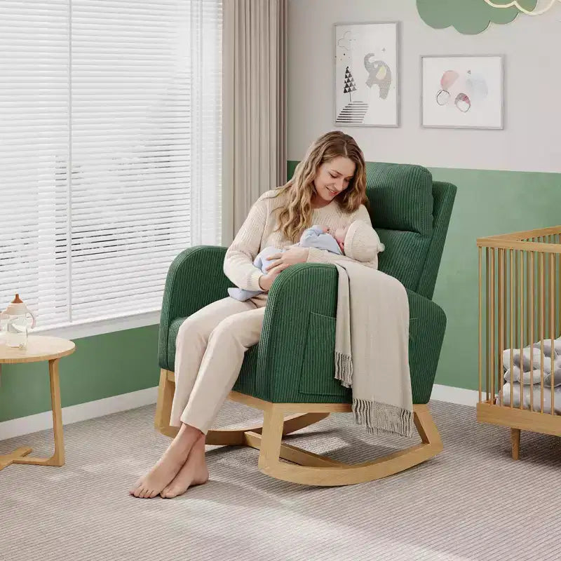 Fauteuil à bascule moderne pour chambre de bébé avec poches latérales et oreiller – Ergonomique, capacité de 136 kg
