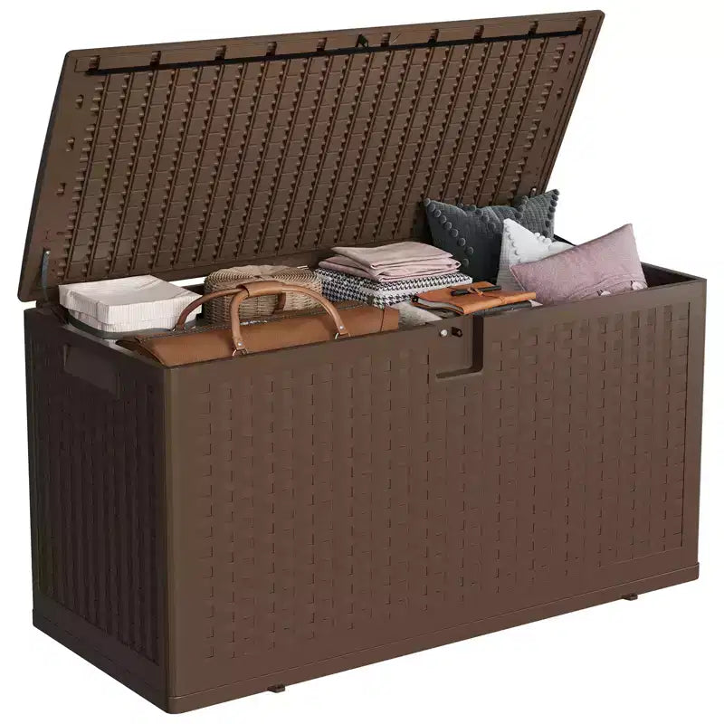 Coffre de rangement extérieur style rotin 276L (73 gallons), banc de rangement extérieur avec couvercle verrouillable, résine imperméable pour coussins de patio, équipement de jardin et de piscine