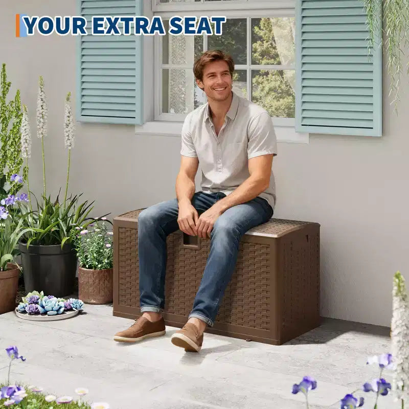 Coffre de rangement extérieur style rotin 276L (73 gallons), banc de rangement extérieur avec couvercle verrouillable, résine imperméable pour coussins de patio, équipement de jardin et de piscine