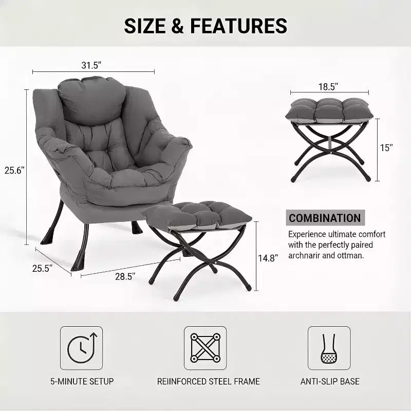 Fauteuil d'appoint avec ottoman, poche latérale et accoudoirs – Gris foncé