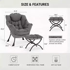Fauteuil d'appoint avec ottoman, poche latérale et accoudoirs – Gris foncé