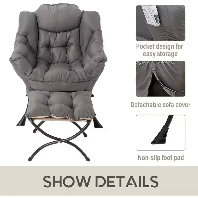 Fauteuil d'appoint avec ottoman, poche latérale et accoudoirs – Gris foncé