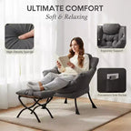 Fauteuil d'appoint avec ottoman, poche latérale et accoudoirs – Gris foncé
