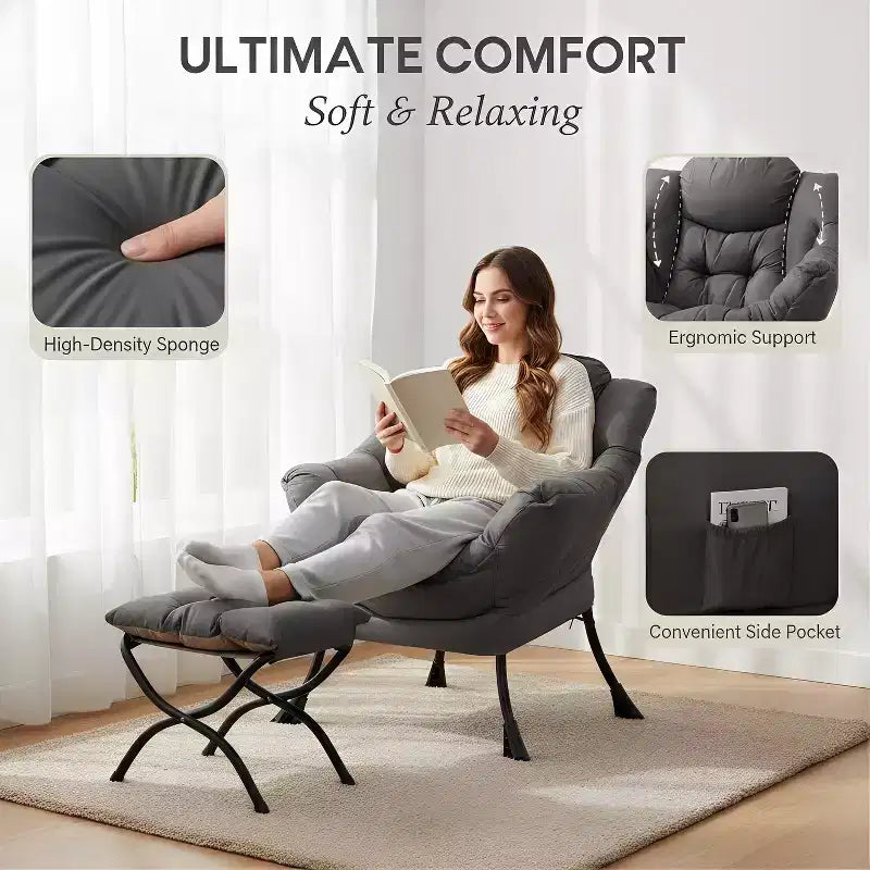 Fauteuil d'appoint avec ottoman, poche latérale et accoudoirs – Gris foncé