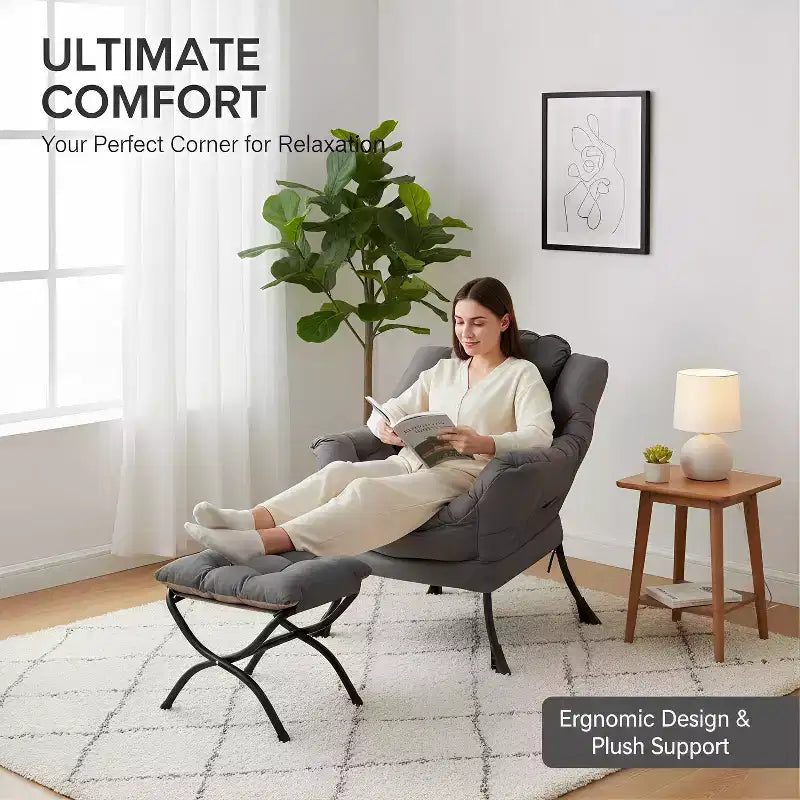 Fauteuil d'appoint avec ottoman, poche latérale et accoudoirs – Gris foncé