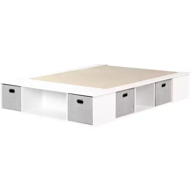 Lit de rangement double avec étagères et bacs en tissu sous le lit – Blanc, pas besoin de sommier