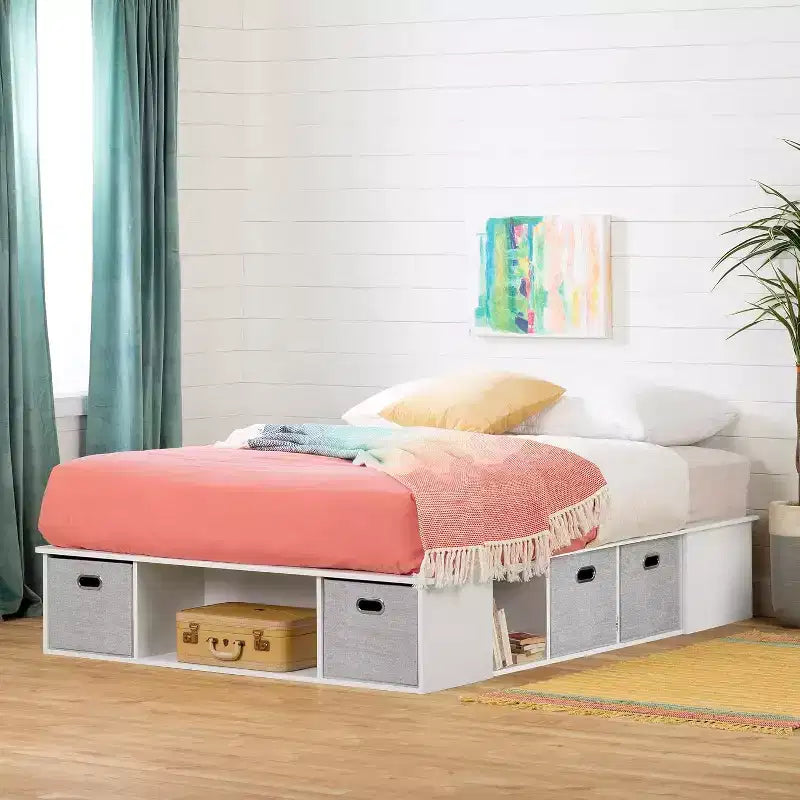 Lit de rangement double avec étagères et bacs en tissu sous le lit – Blanc, pas besoin de sommier