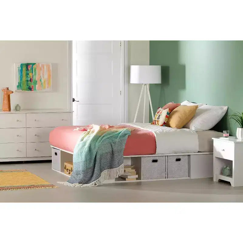 Lit de rangement double avec étagères et bacs en tissu sous le lit – Blanc, pas besoin de sommier