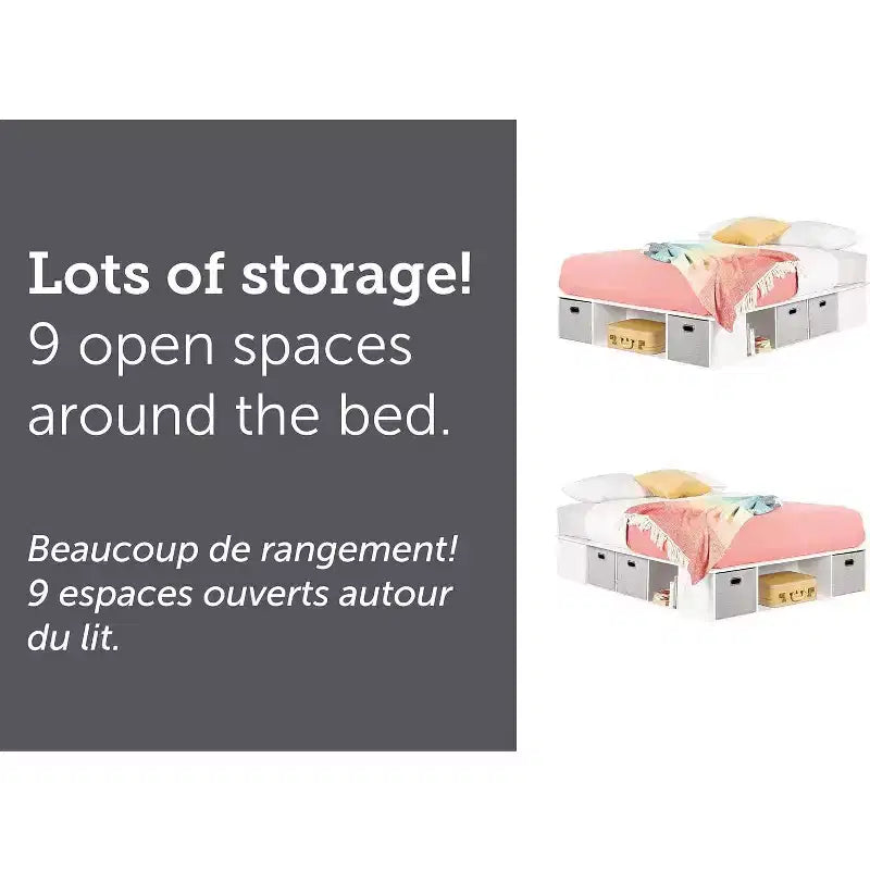 Lit de rangement double avec étagères et bacs en tissu sous le lit – Blanc, pas besoin de sommier