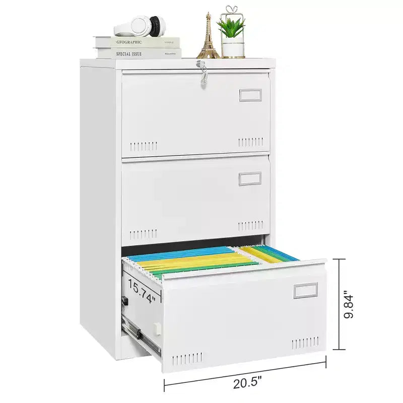 Classeur latéral 3 tiroirs avec serrure – Métal, tiroirs larges, rangement pour bureau à domicile