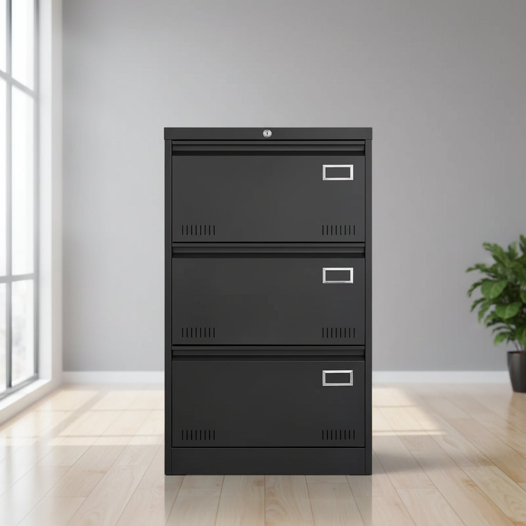 Classeur latéral 3 tiroirs avec serrure – Métal, tiroirs larges, rangement pour bureau à domicile