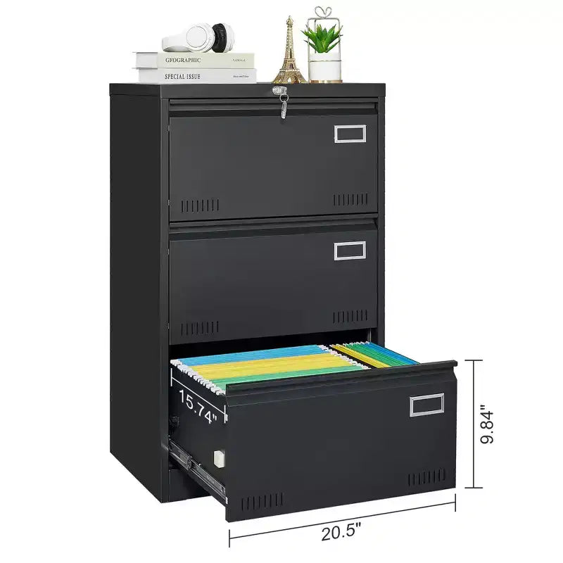 Classeur latéral 3 tiroirs avec serrure – Métal, tiroirs larges, rangement pour bureau à domicile
