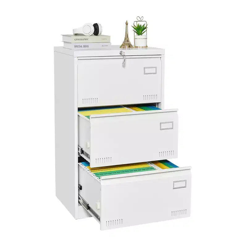 Classeur latéral 3 tiroirs avec serrure – Métal, tiroirs larges, rangement pour bureau à domicile