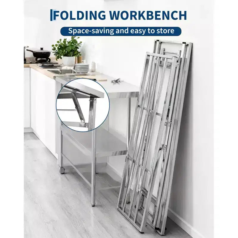 Table de Travail Pliante en Acier Inoxydable, Table en Métal avec Étagère Inférieure pour Cuisine, Garage, Usage Commercial, Maison