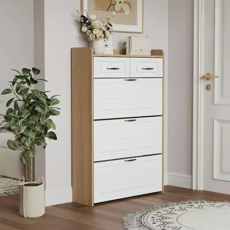 Meuble à chaussures avec 3 portes pivotantes et 2 tiroirs – Blanc et chêne, peut contenir 18 à 24 paires
