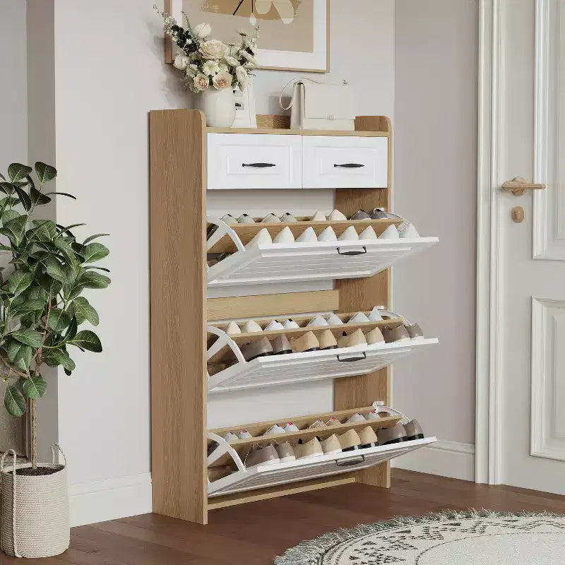 Meuble à chaussures avec 3 portes pivotantes et 2 tiroirs – Blanc et chêne, peut contenir 18 à 24 paires