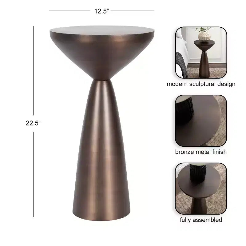Table d'appoint ronde en métal – Table d'appoint sculpturale en bronze, 31,75 x 57,15 cm