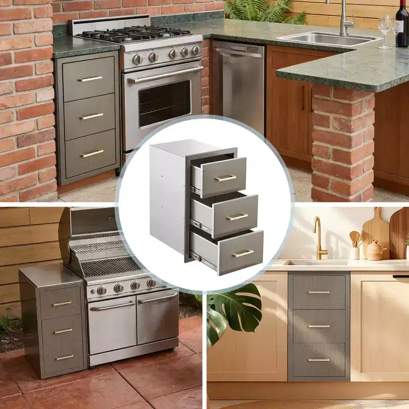 Tiroirs de cuisine extérieure 16 L x 28,5 H x 20,5 P, tiroirs de barbecue à triple accès encastrables avec poignée pour cuisines, îlots de barbecue, stations de grillades de patio