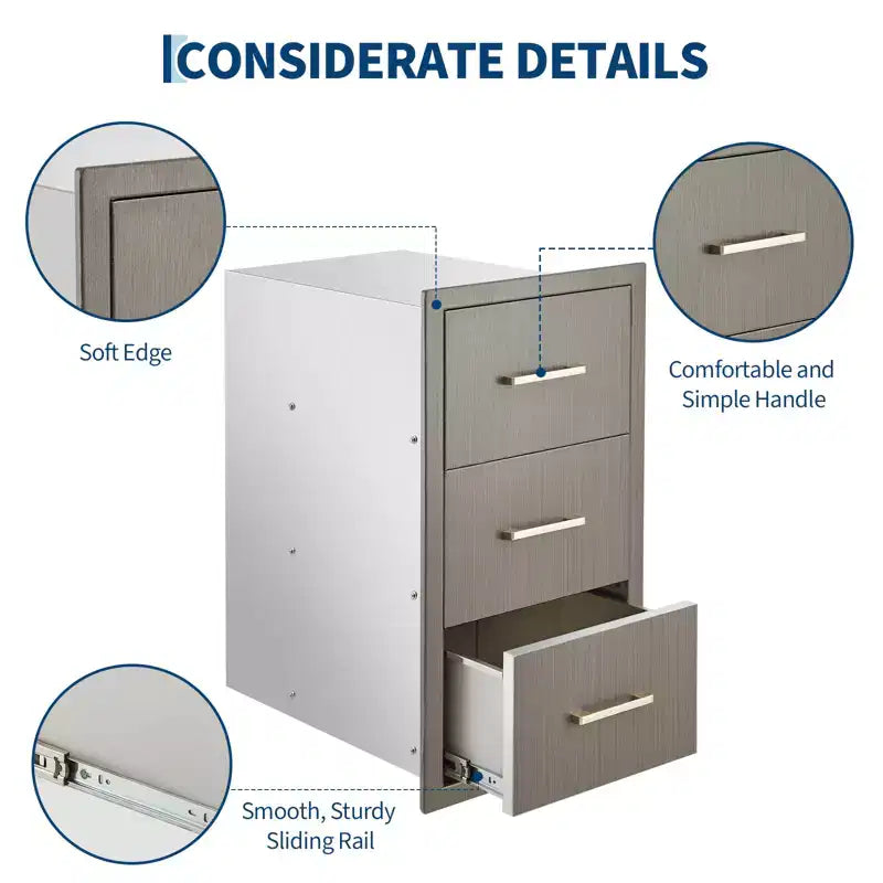 Tiroirs de cuisine extérieure 16 L x 28,5 H x 20,5 P, tiroirs de barbecue à triple accès encastrables avec poignée pour cuisines, îlots de barbecue, stations de grillades de patio