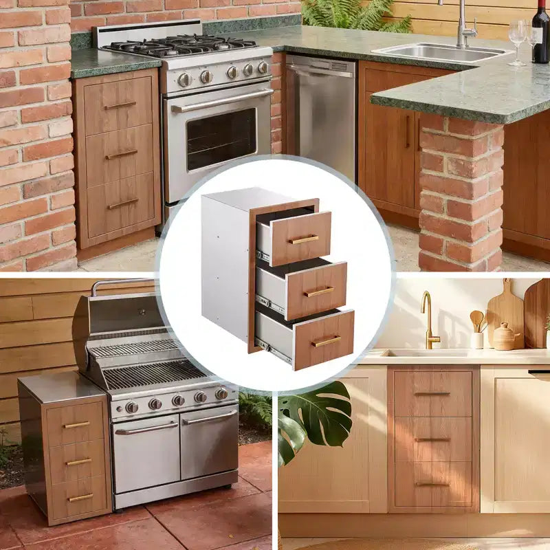 Tiroirs de cuisine extérieure 16 L x 28,5 H x 20,5 P, tiroirs de barbecue à triple accès encastrables avec poignée pour cuisines, îlots de barbecue, stations de grillades de patio