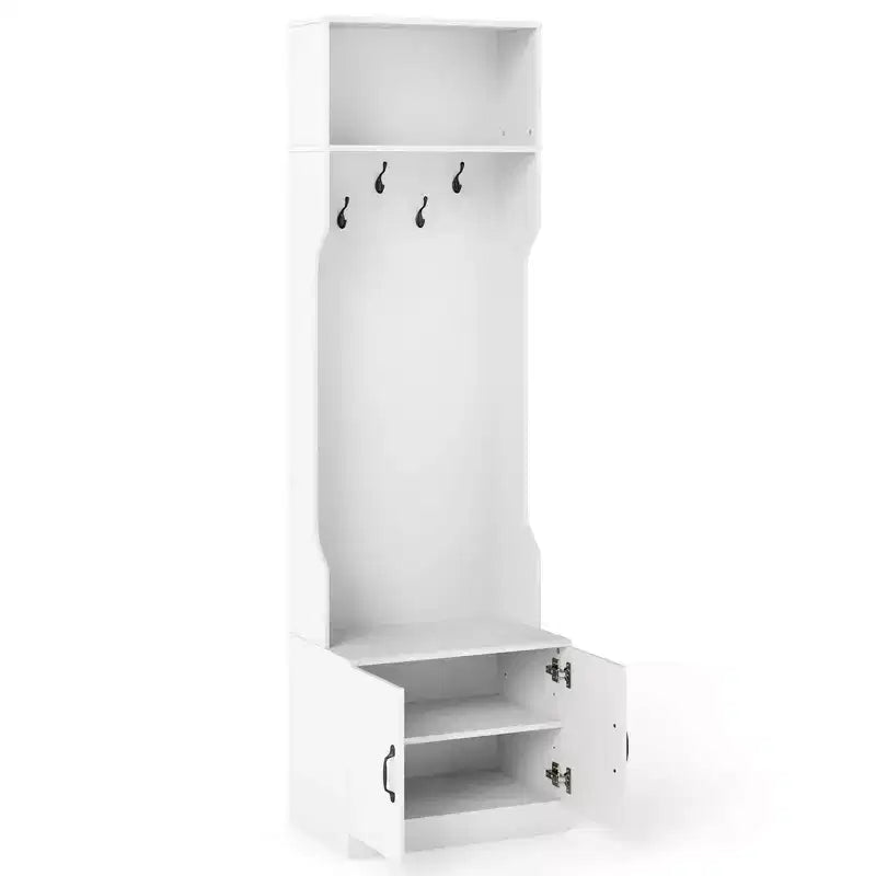 Portemanteau 3-en-1/6-en-1 avec banc de rangement, étagères réglables, crochets de suspension, compartiments à chaussures, blanc