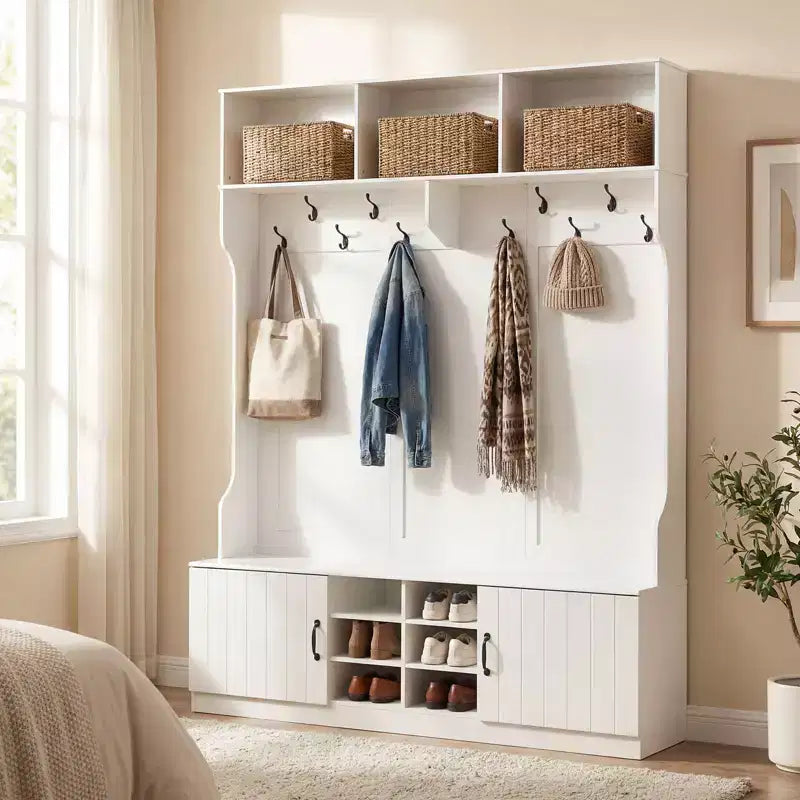 Portemanteau 3-en-1/6-en-1 avec banc de rangement, étagères réglables, crochets de suspension, compartiments à chaussures, blanc
