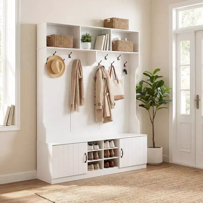 Portemanteau 3-en-1/6-en-1 avec banc de rangement, étagères réglables, crochets de suspension, compartiments à chaussures, blanc