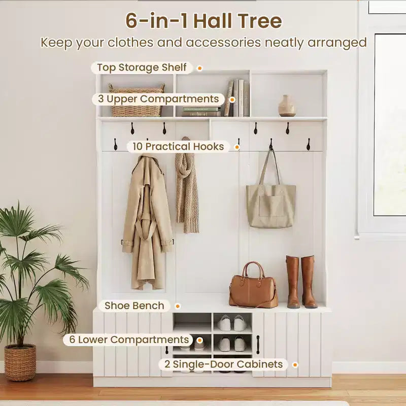 Portemanteau 3-en-1/6-en-1 avec banc de rangement, étagères réglables, crochets de suspension, compartiments à chaussures, blanc
