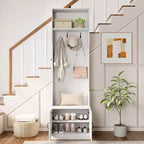 Portemanteau 3-en-1/6-en-1 avec banc de rangement, étagères réglables, crochets de suspension, compartiments à chaussures, blanc
