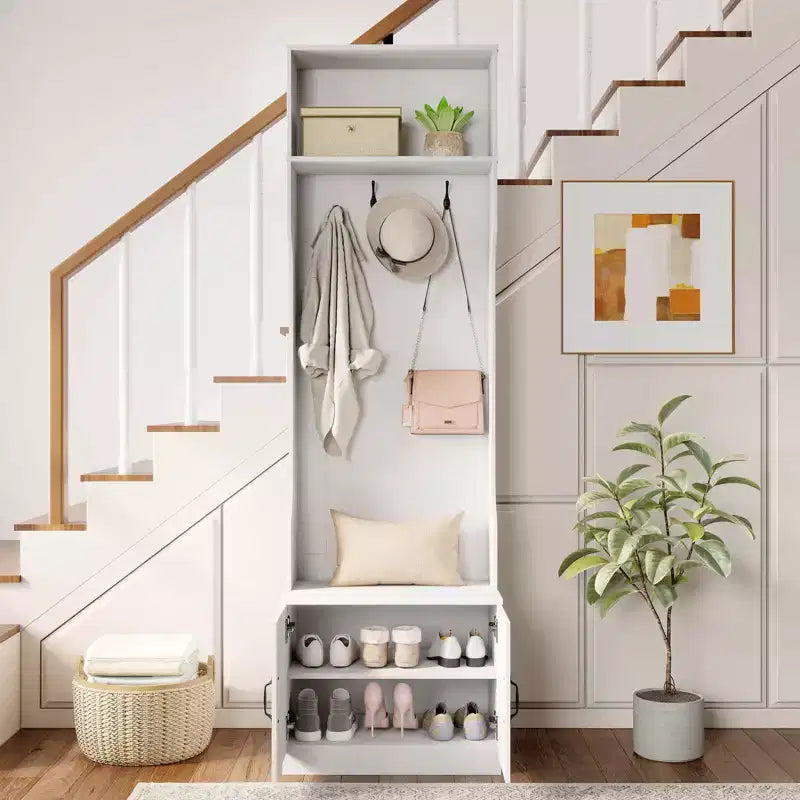 Portemanteau 3-en-1/6-en-1 avec banc de rangement, étagères réglables, crochets de suspension, compartiments à chaussures, blanc