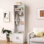 Portemanteau 3-en-1/6-en-1 avec banc de rangement, étagères réglables, crochets de suspension, compartiments à chaussures, blanc