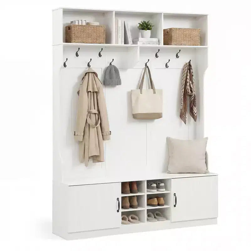 Portemanteau 3-en-1/6-en-1 avec banc de rangement, étagères réglables, crochets de suspension, compartiments à chaussures, blanc