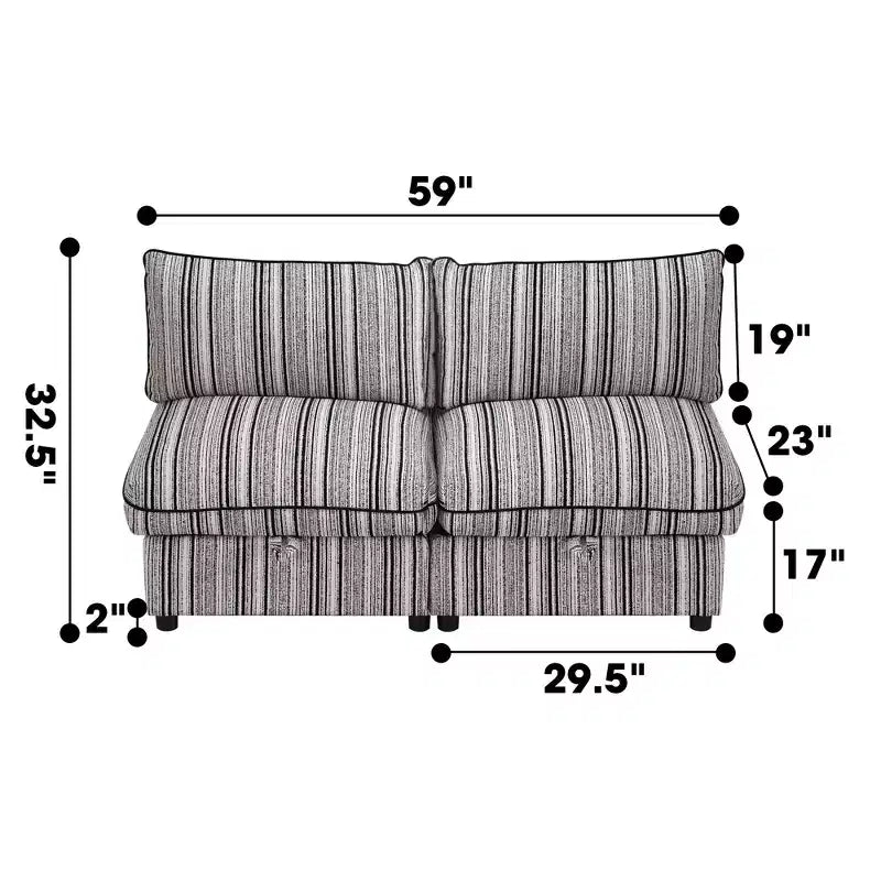 Canapé deux places avec rangement capitonné modulaire Jeju de 60 po avec deux poufs