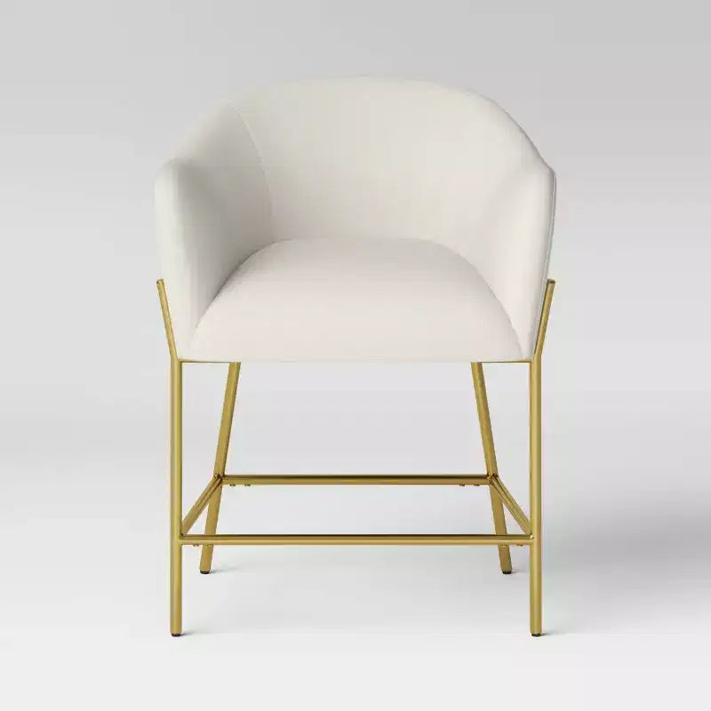 Tabouret de bar hauteur comptoir – Bouclette crème, pieds en laiton, assise et dossier rembourrés