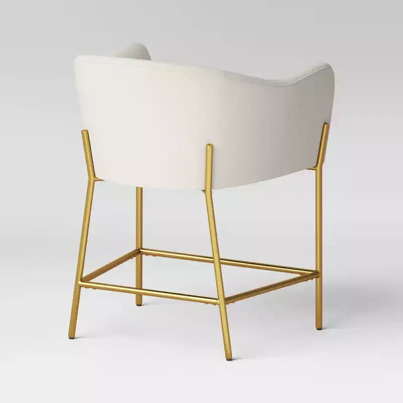 Tabouret de bar hauteur comptoir – Bouclette crème, pieds en laiton, assise et dossier rembourrés