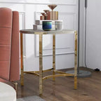 Table d'appoint ronde moderne – Pieds or champagne et plateau imitation marbre, 61x61 cm