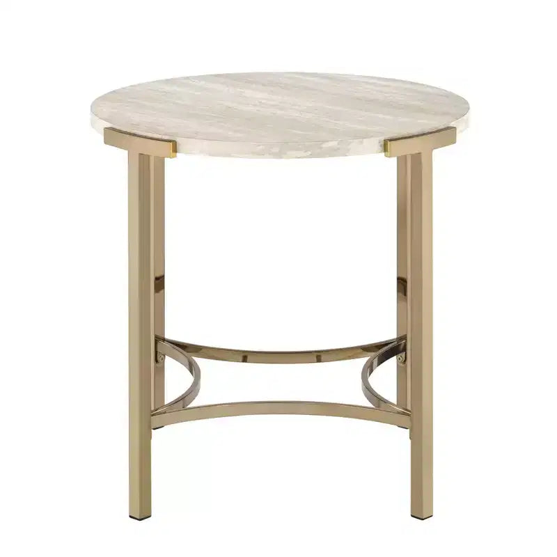 Table d'appoint ronde moderne – Pieds or champagne et plateau imitation marbre, 61x61 cm