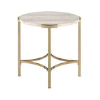 Table d'appoint ronde moderne – Pieds or champagne et plateau imitation marbre, 61x61 cm
