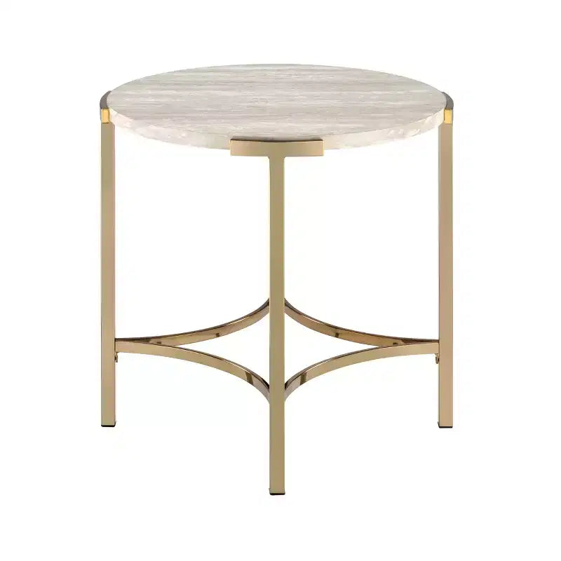 Table d'appoint ronde moderne – Pieds or champagne et plateau imitation marbre, 61x61 cm
